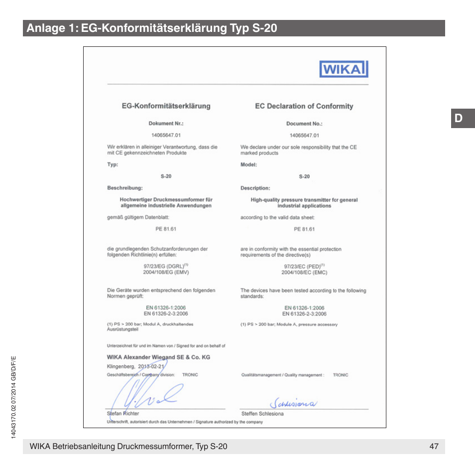 Anlage 1: eg-konformitätserklärung typ s-20 | WIKA S-20 User Manual | Page 47 / 96