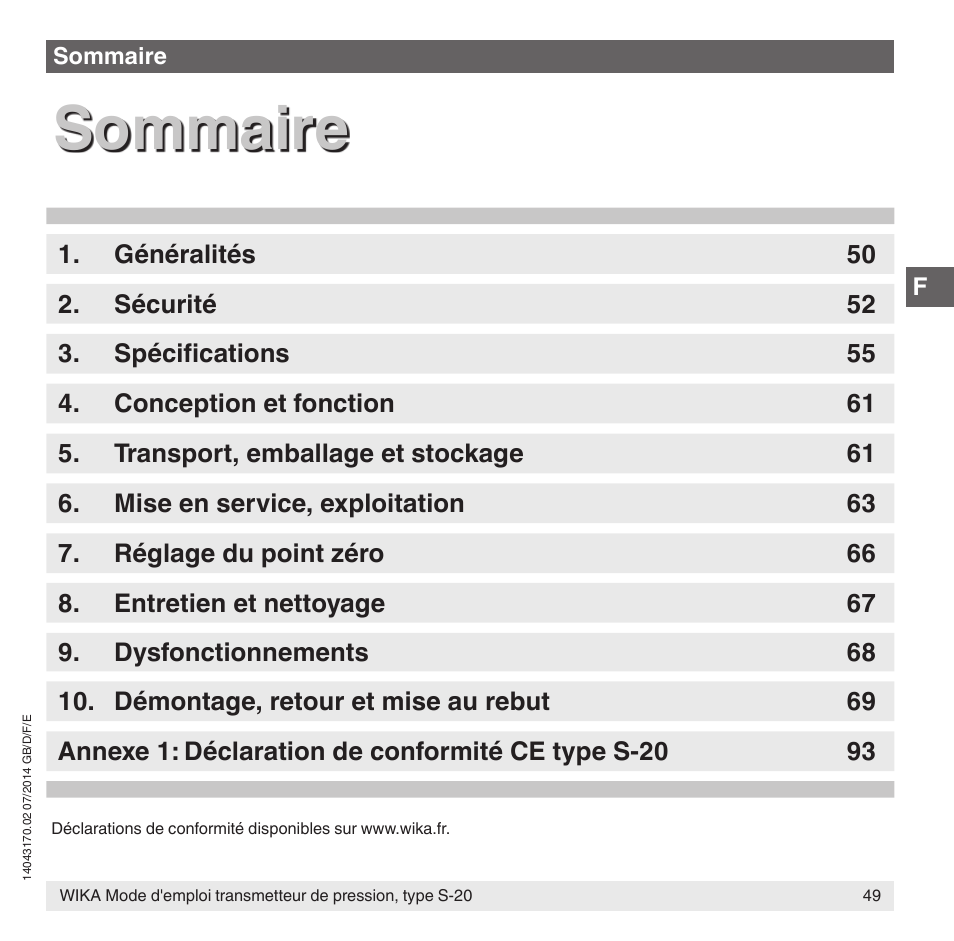 Sommaire | WIKA S-20 User Manual | Page 49 / 96