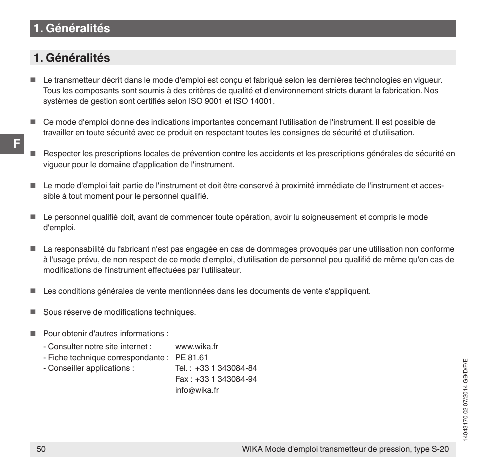 Généralités | WIKA S-20 User Manual | Page 50 / 96