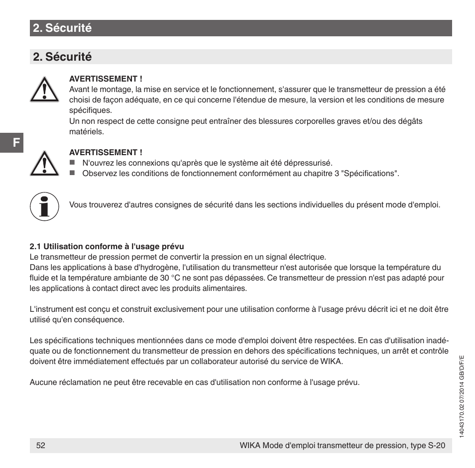 Sécurité | WIKA S-20 User Manual | Page 52 / 96