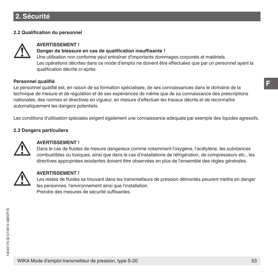 Sécurité | WIKA S-20 User Manual | Page 53 / 96