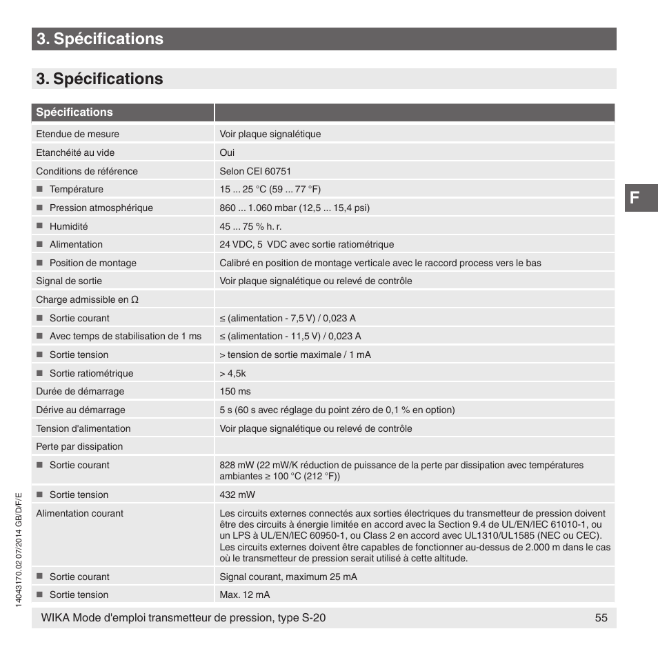 Spécifications | WIKA S-20 User Manual | Page 55 / 96