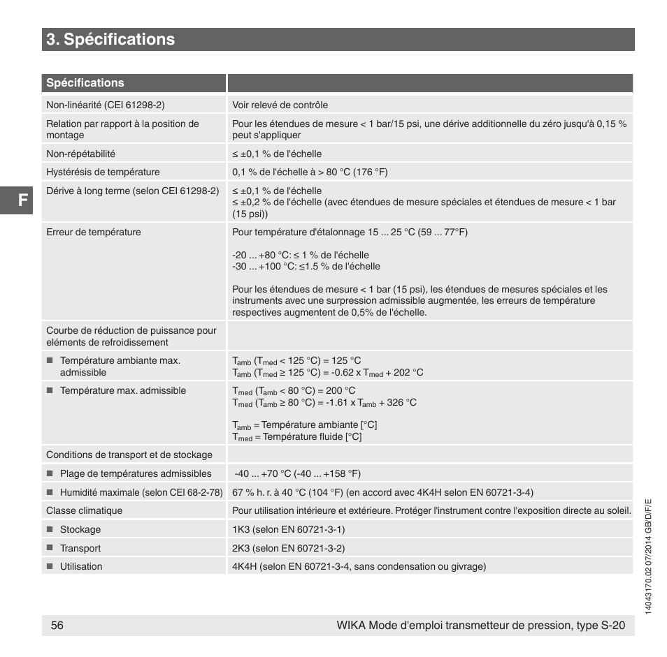 Spécifications | WIKA S-20 User Manual | Page 56 / 96