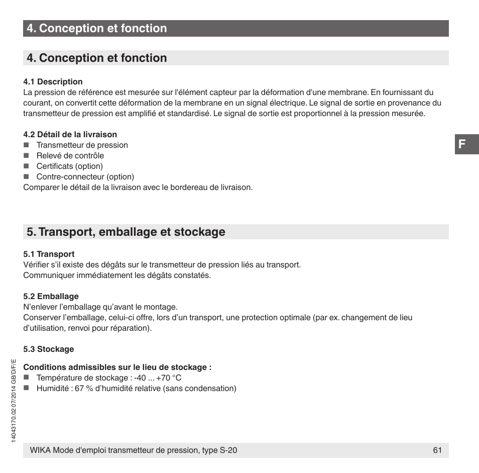 Conception et fonction, Transport, emballage et stockage | WIKA S-20 User Manual | Page 61 / 96