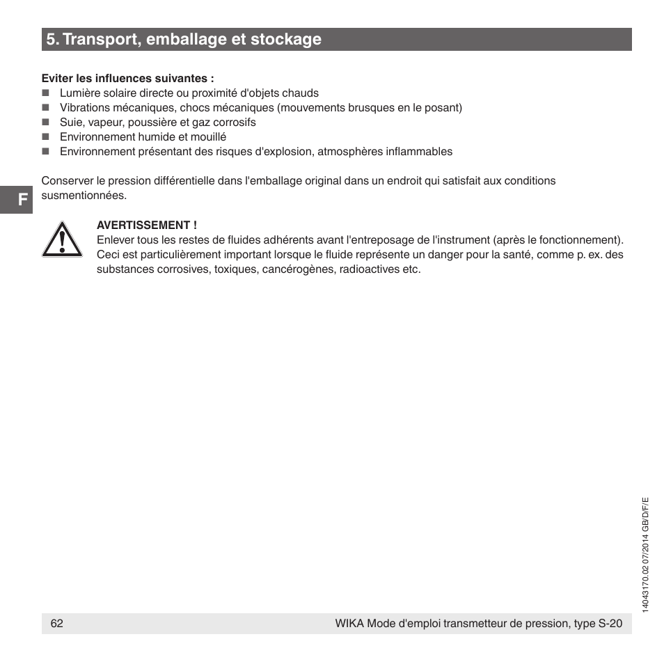 Transport, emballage et stockage | WIKA S-20 User Manual | Page 62 / 96