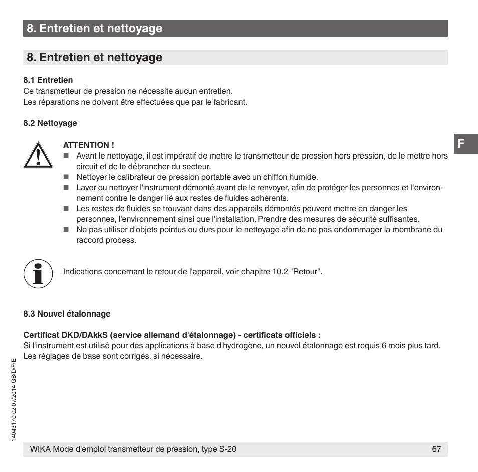 Entretien et nettoyage | WIKA S-20 User Manual | Page 67 / 96