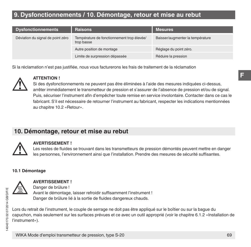 Démontage, retour et mise au rebut | WIKA S-20 User Manual | Page 69 / 96