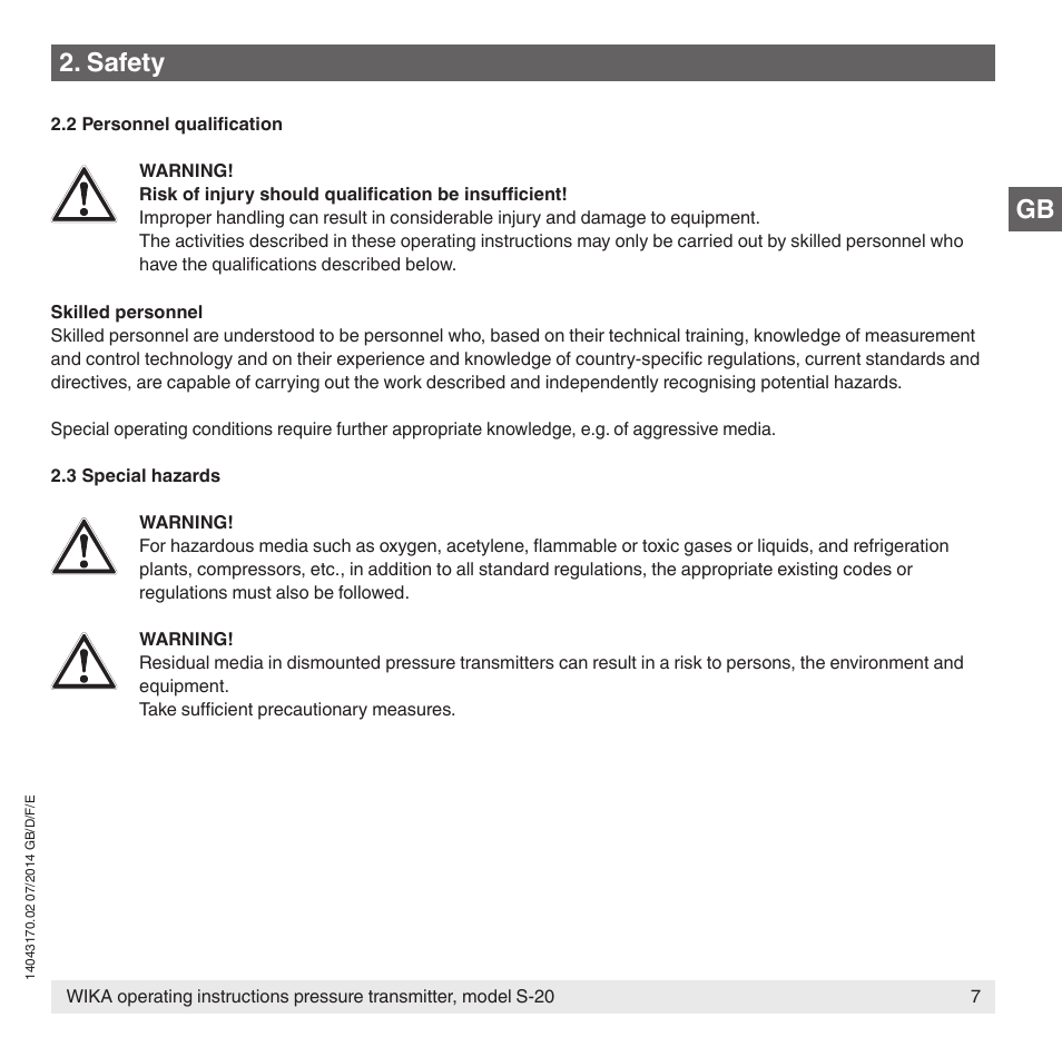 Safety | WIKA S-20 User Manual | Page 7 / 96