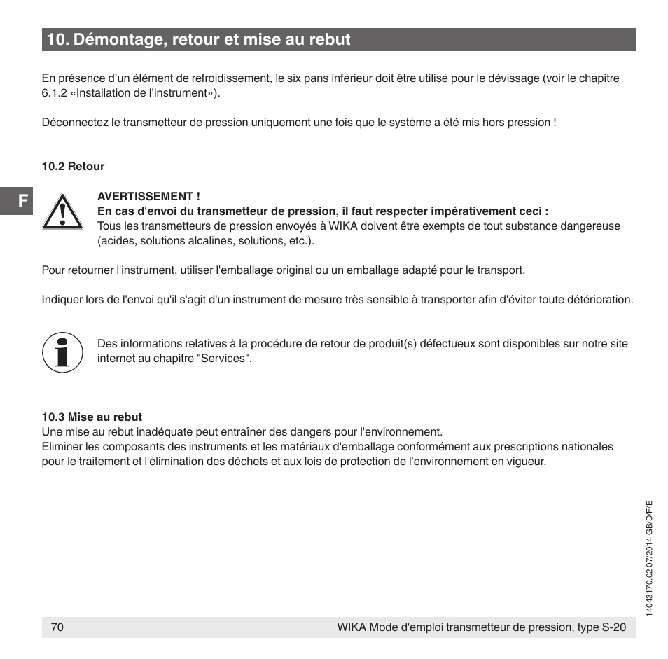 Démontage, retour et mise au rebut | WIKA S-20 User Manual | Page 70 / 96