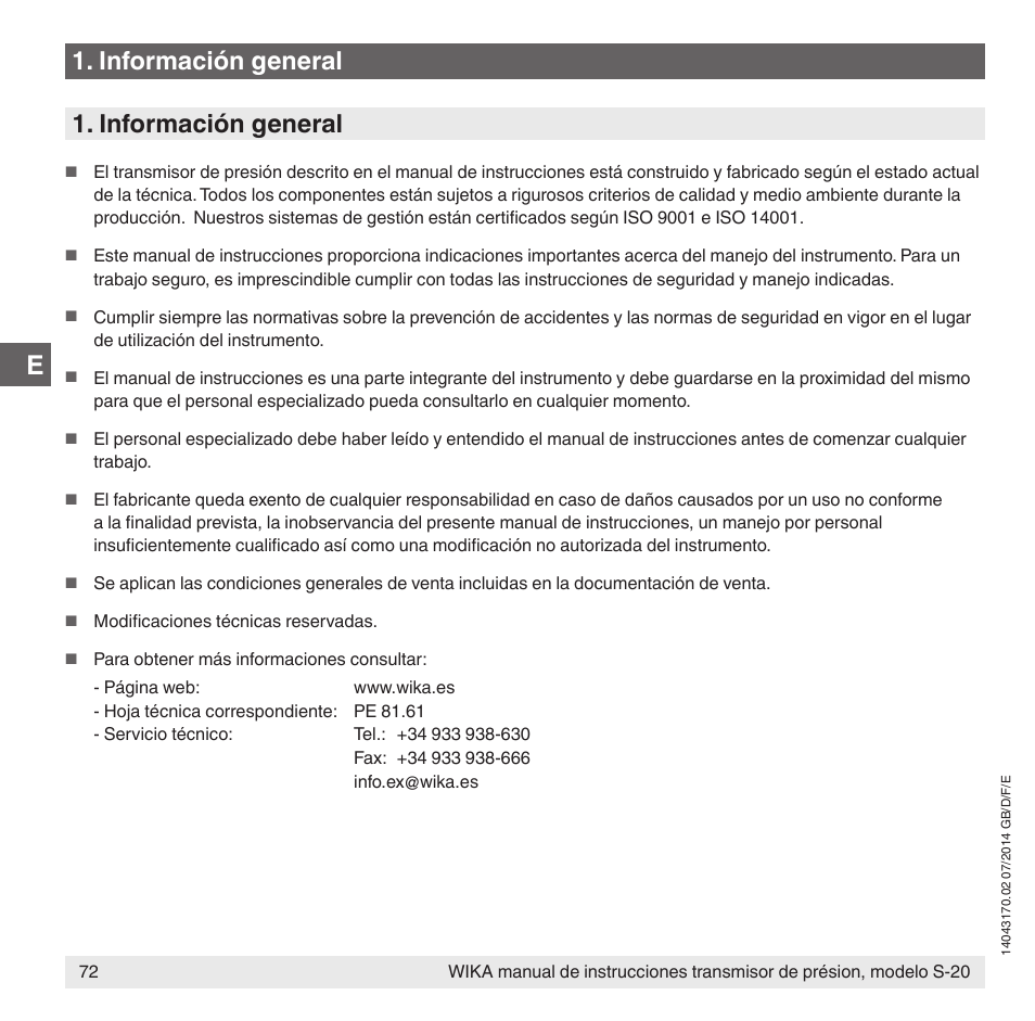 Información general | WIKA S-20 User Manual | Page 72 / 96