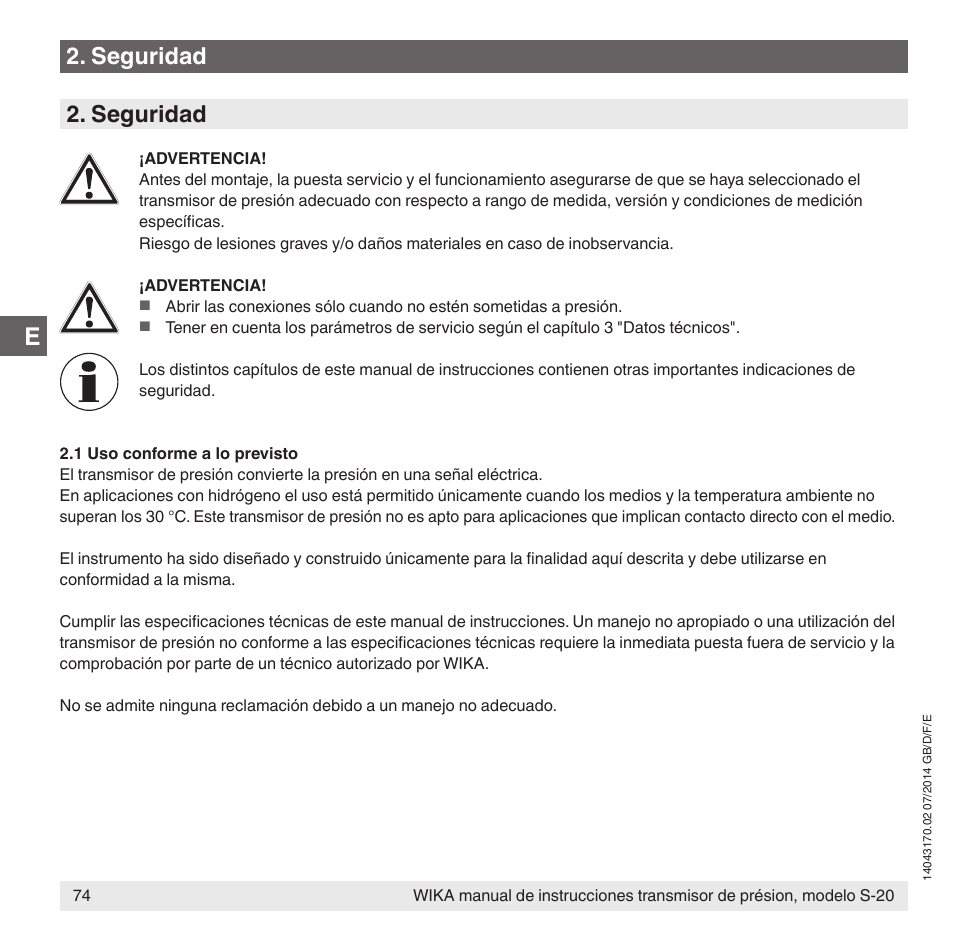 Seguridad | WIKA S-20 User Manual | Page 74 / 96