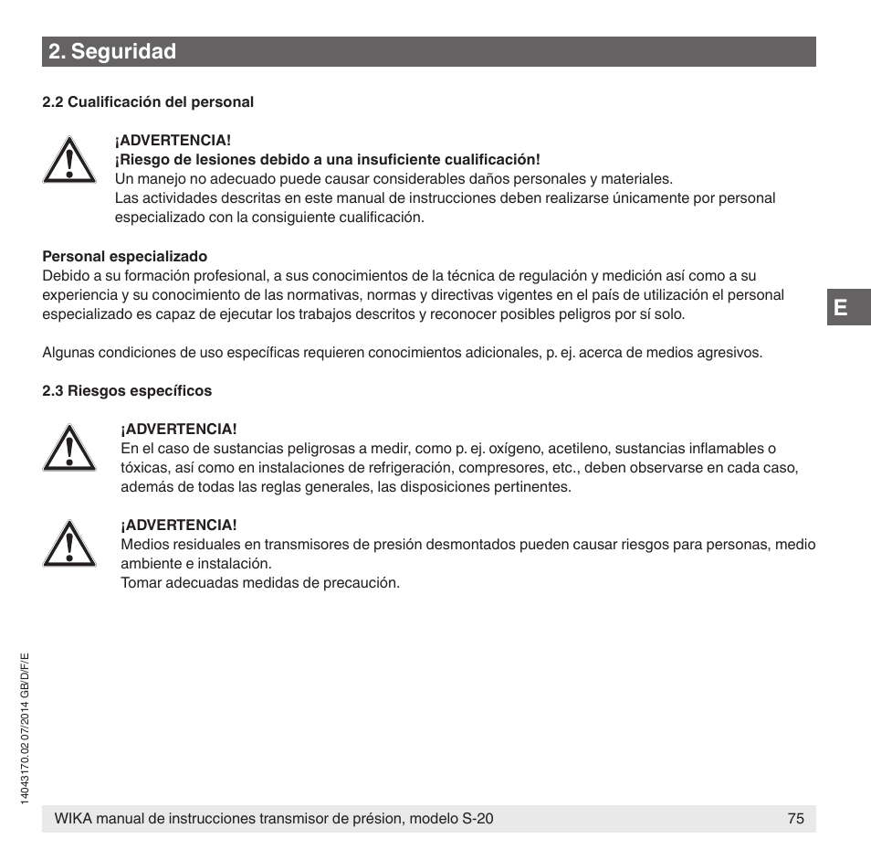 Seguridad | WIKA S-20 User Manual | Page 75 / 96