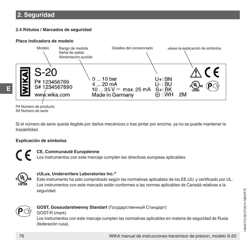 Seguridad | WIKA S-20 User Manual | Page 76 / 96