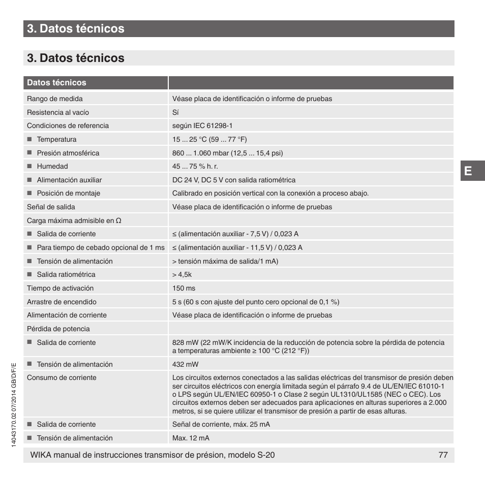 Datos técnicos | WIKA S-20 User Manual | Page 77 / 96