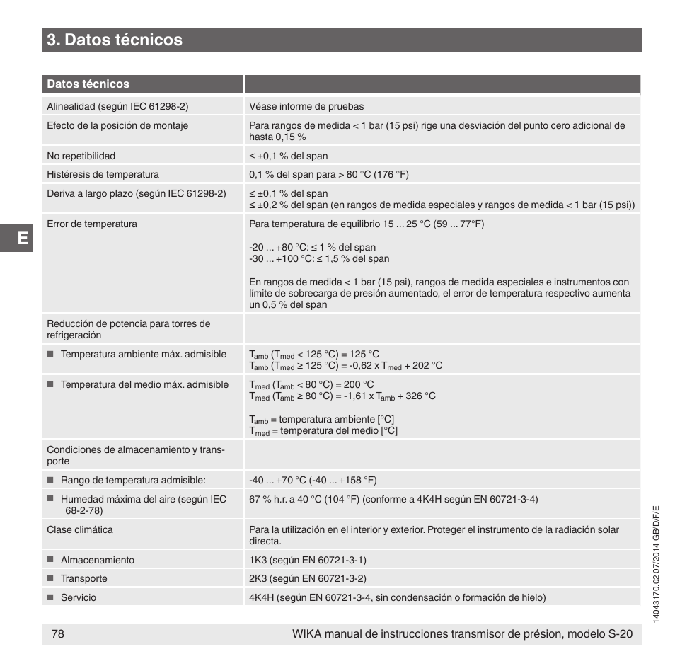 Datos técnicos | WIKA S-20 User Manual | Page 78 / 96