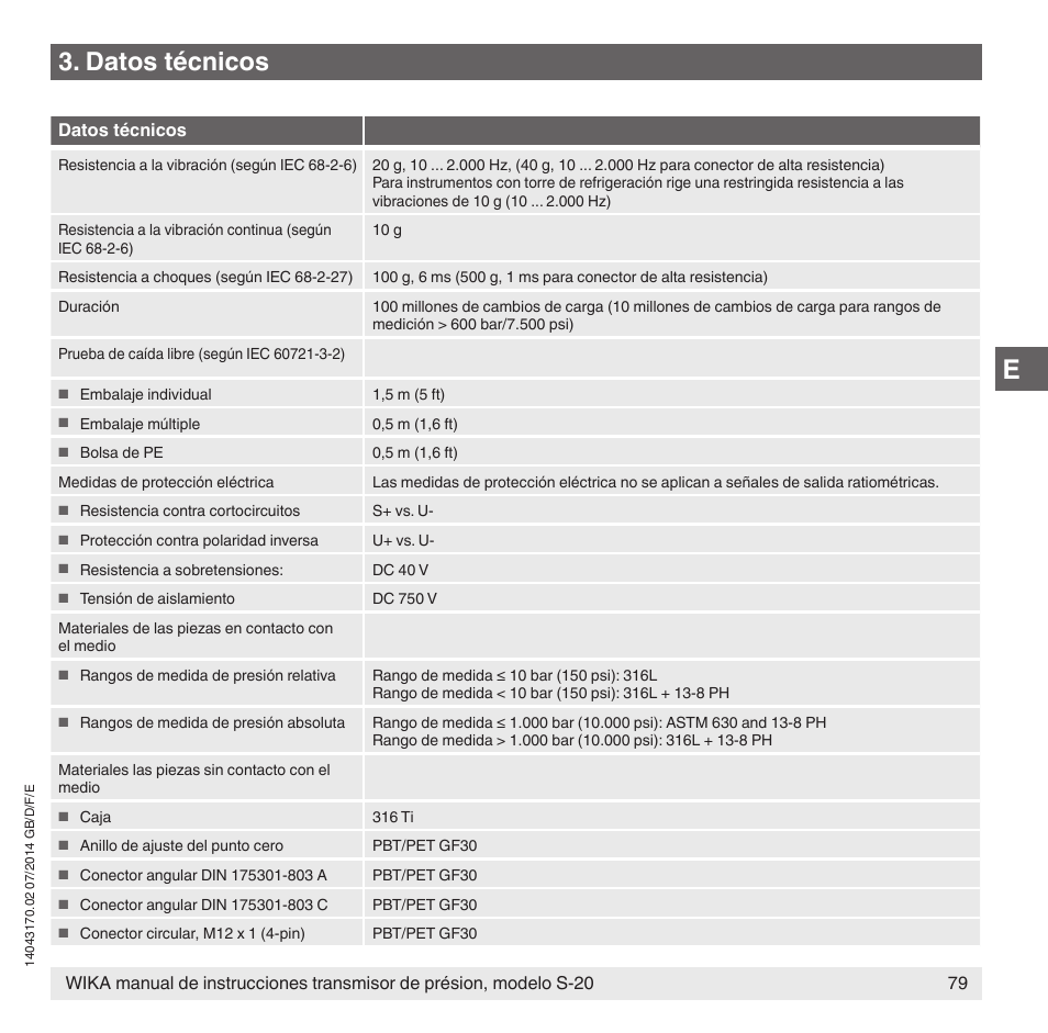 Datos técnicos | WIKA S-20 User Manual | Page 79 / 96