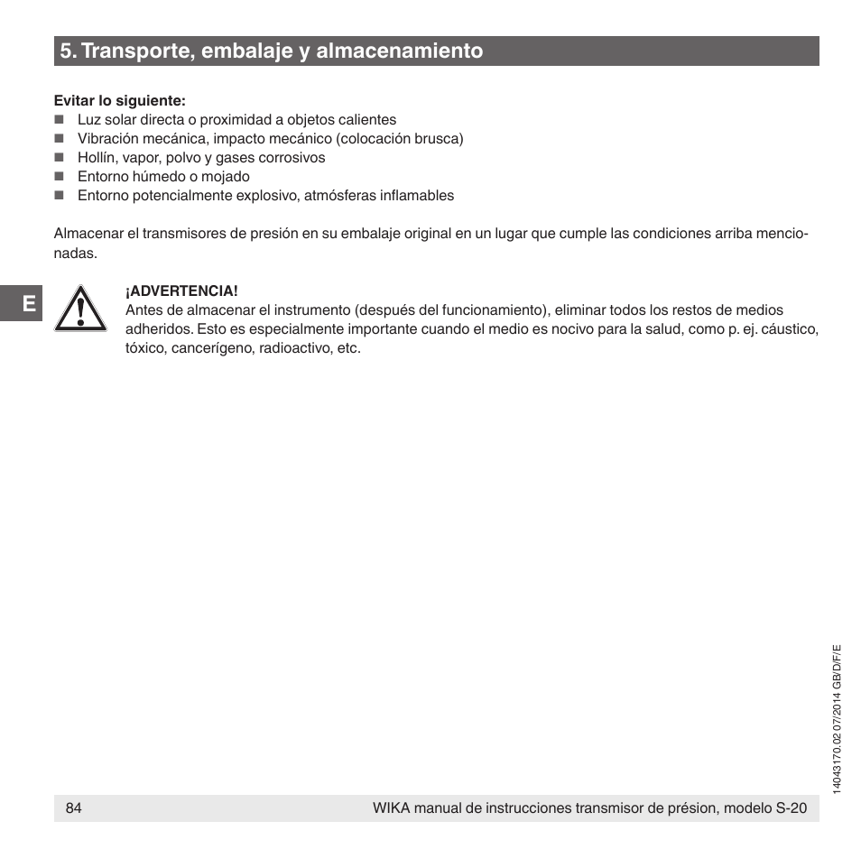 Transporte, embalaje y almacenamiento | WIKA S-20 User Manual | Page 84 / 96