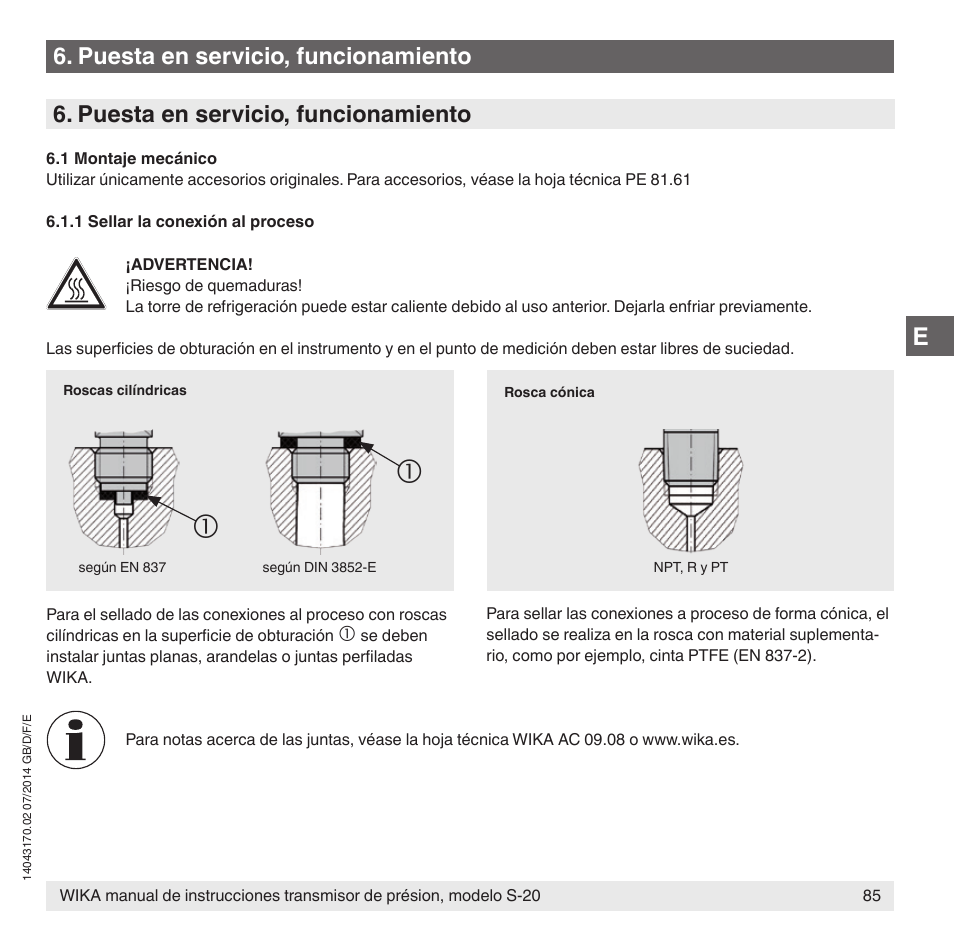 Puesta en servicio, funcionamiento | WIKA S-20 User Manual | Page 85 / 96