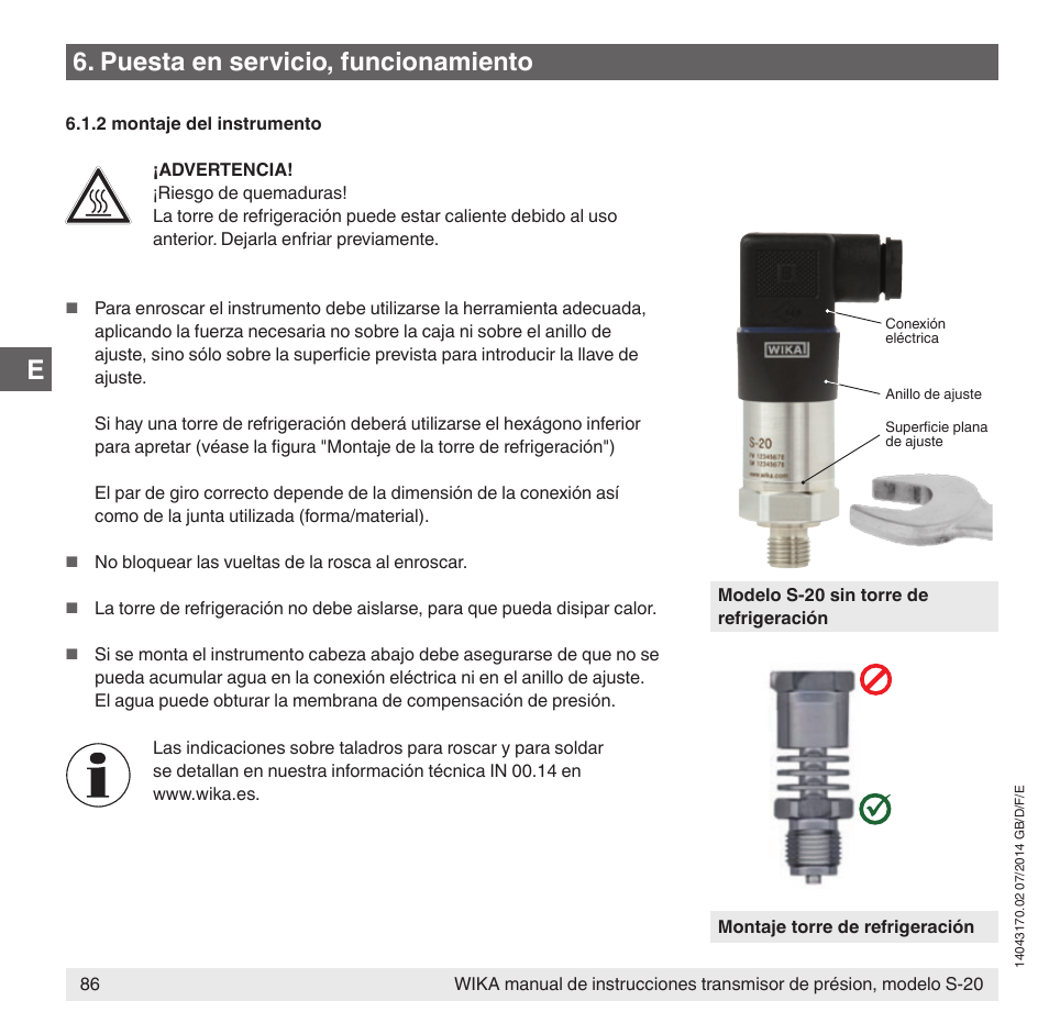 Puesta en servicio, funcionamiento | WIKA S-20 User Manual | Page 86 / 96