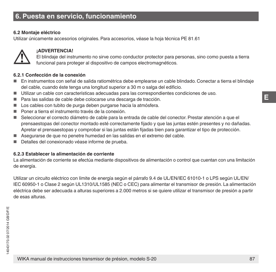 Puesta en servicio, funcionamiento | WIKA S-20 User Manual | Page 87 / 96
