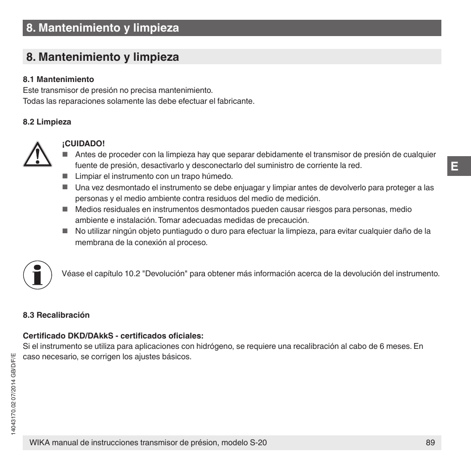 Mantenimiento y limpieza | WIKA S-20 User Manual | Page 89 / 96