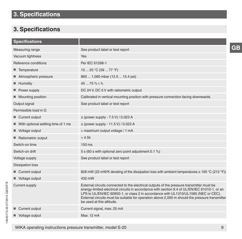 Gb 3. specifications 3. specifications | WIKA S-20 User Manual | Page 9 / 96