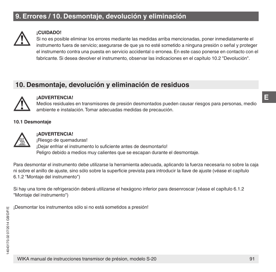 Desmontaje, devolución y eliminación de residuos, Errores / 10. desmontaje, devolución y eliminación | WIKA S-20 User Manual | Page 91 / 96