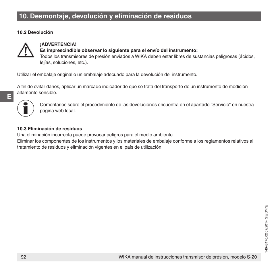 Desmontaje, devolución y eliminación de residuos | WIKA S-20 User Manual | Page 92 / 96