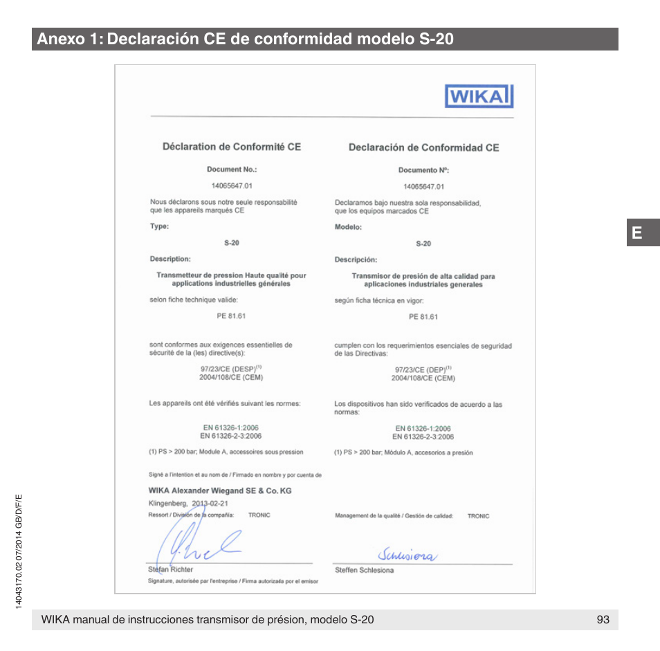 Anexo 1: declaración ce de conformidad modelo s-20 | WIKA S-20 User Manual | Page 93 / 96