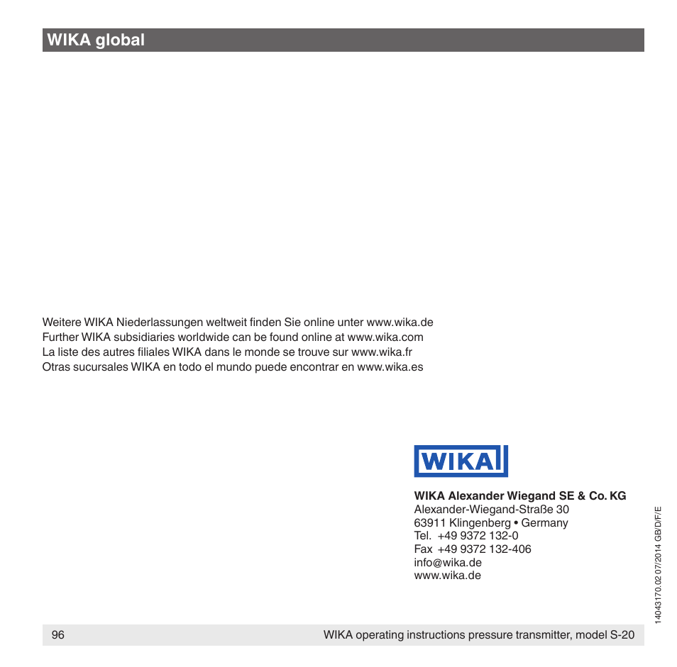 Wika global | WIKA S-20 User Manual | Page 96 / 96