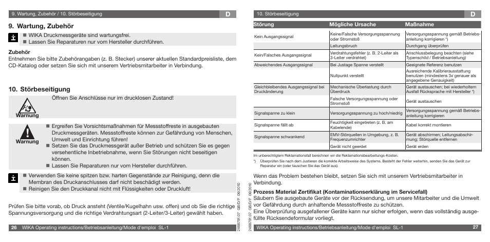 Wartung, zubehör, Störbeseitigung | WIKA SL-1 User Manual | Page 14 / 21