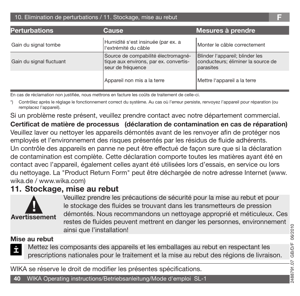 Stockage, mise au rebut | WIKA SL-1 User Manual | Page 21 / 21