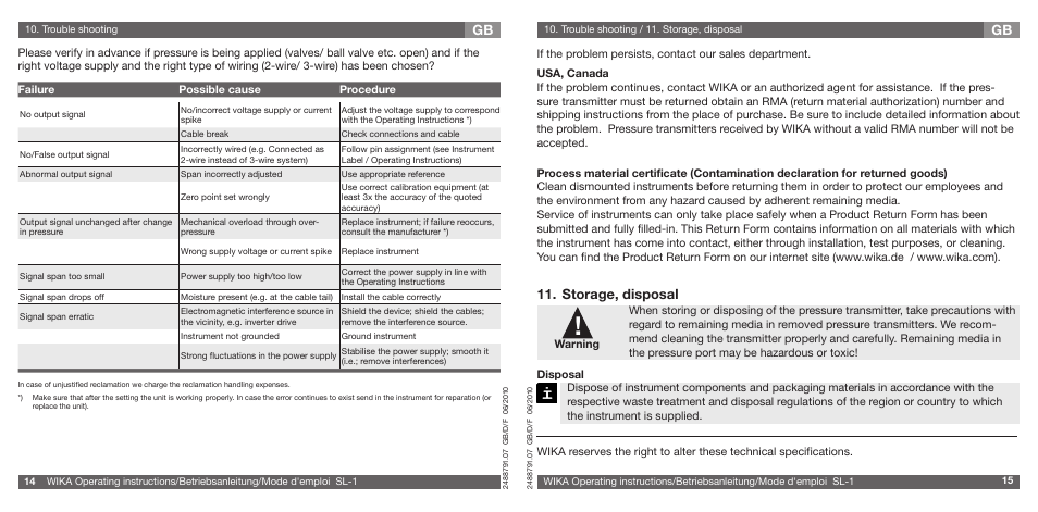 Gb 11. storage, disposal | WIKA SL-1 User Manual | Page 8 / 21