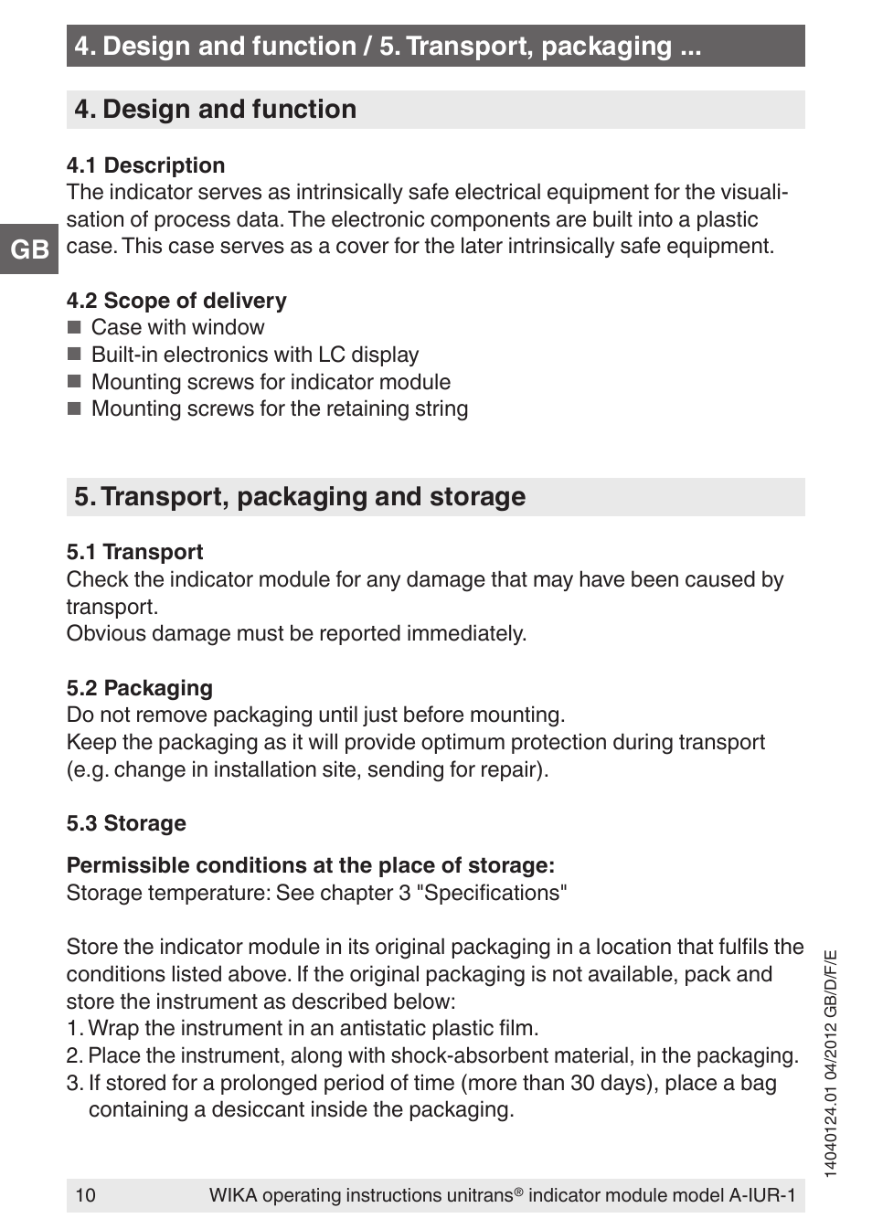 Design and function, Transport, packaging and storage, Design and function / 5. transport, packaging | WIKA UT-11 User Manual | Page 10 / 52