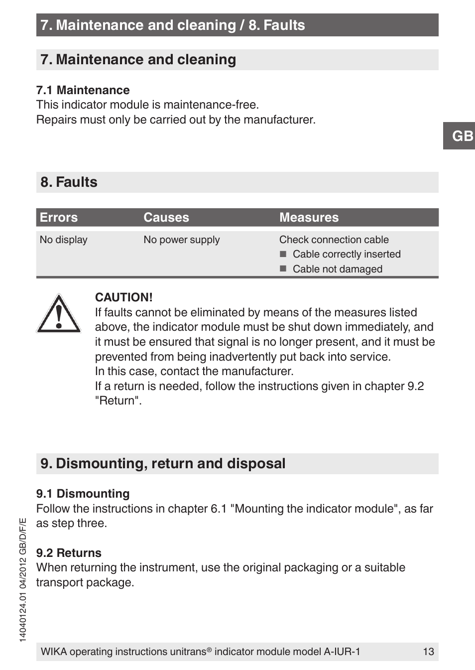 Faults, Dismounting, return and disposal | WIKA UT-11 User Manual | Page 13 / 52