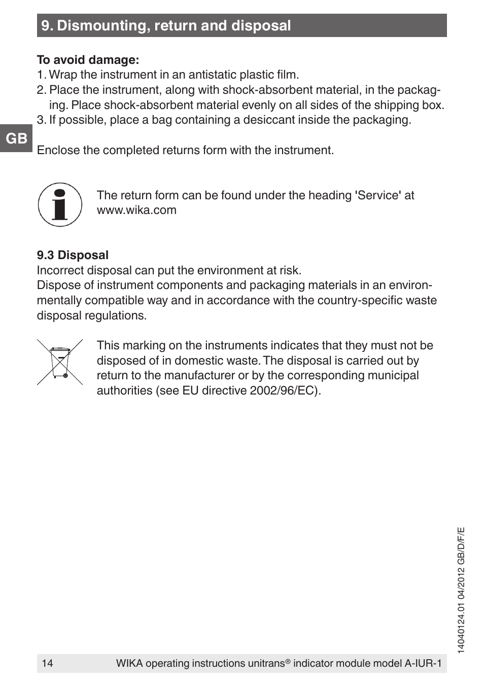 Dismounting, return and disposal | WIKA UT-11 User Manual | Page 14 / 52