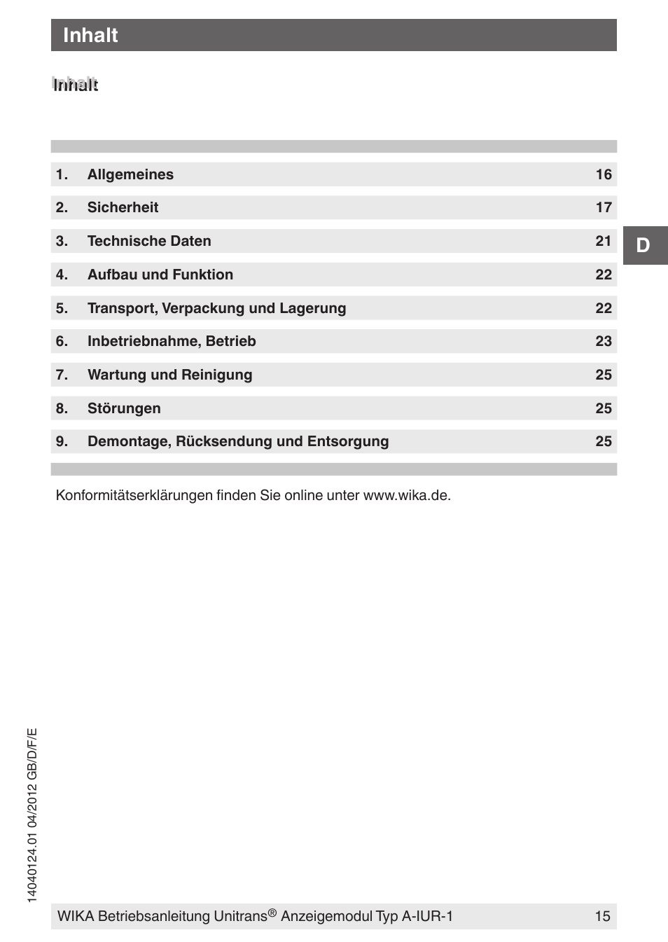 Inhalt | WIKA UT-11 User Manual | Page 15 / 52
