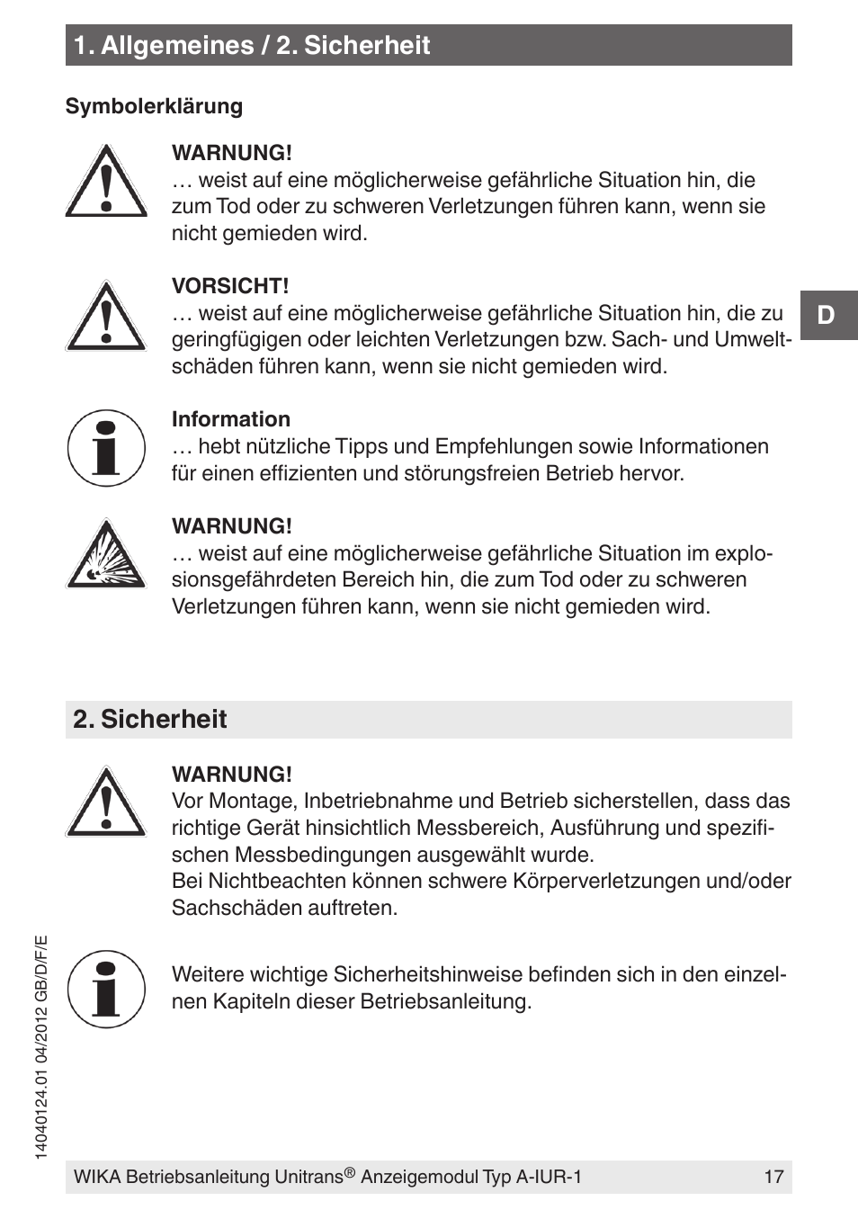Allgemeines / 2. sicherheit, Sicherheit | WIKA UT-11 User Manual | Page 17 / 52