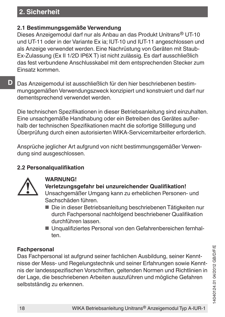 Sicherheit | WIKA UT-11 User Manual | Page 18 / 52