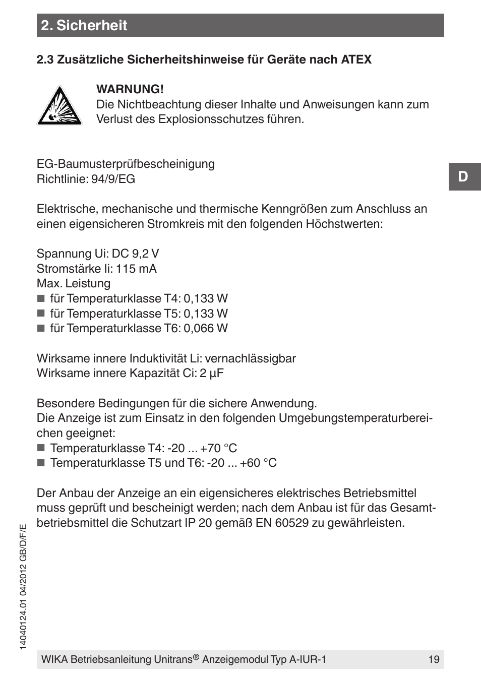 Sicherheit | WIKA UT-11 User Manual | Page 19 / 52
