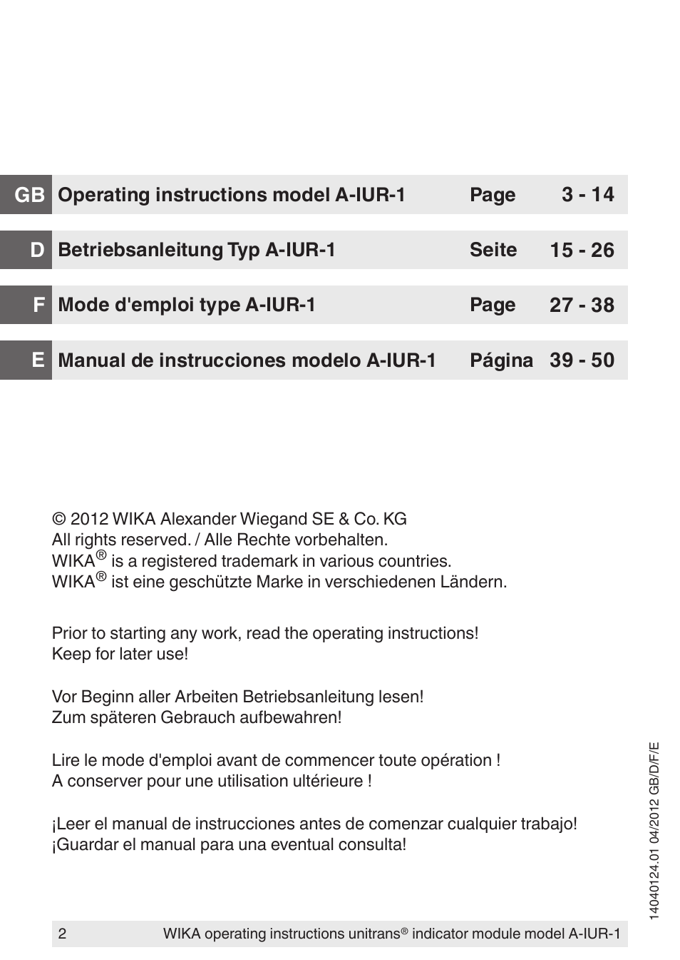 Dgb f e | WIKA UT-11 User Manual | Page 2 / 52