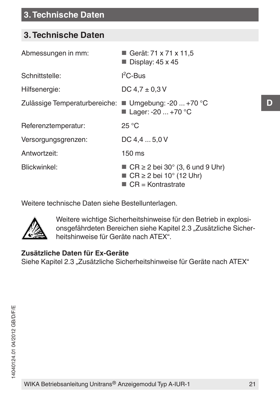 Technische daten | WIKA UT-11 User Manual | Page 21 / 52