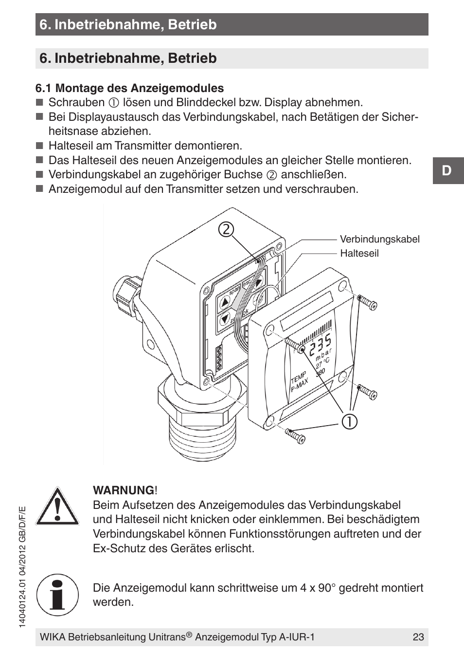 Inbetriebnahme, betrieb | WIKA UT-11 User Manual | Page 23 / 52