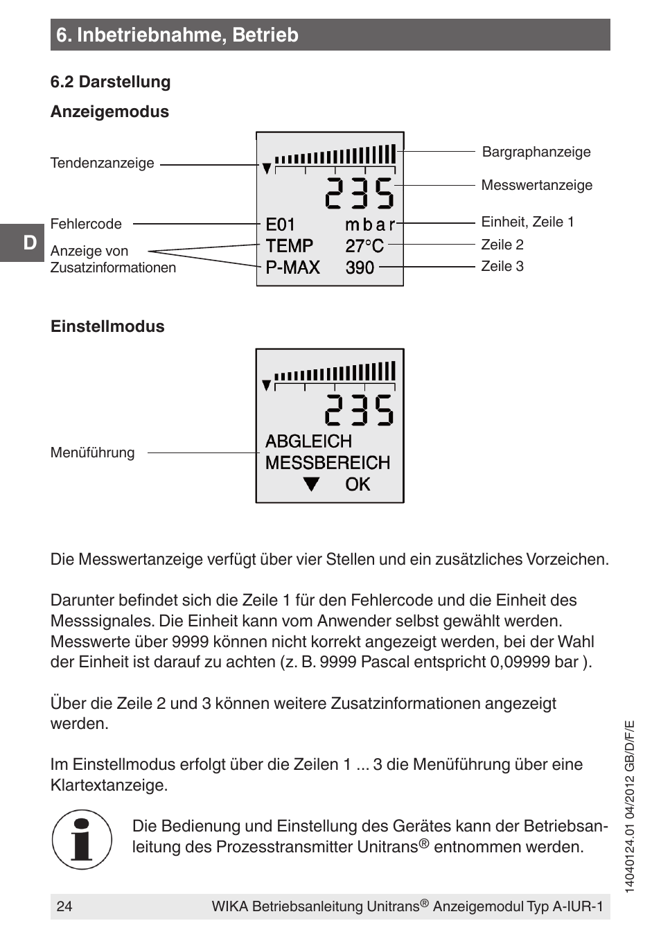 Inbetriebnahme, betrieb | WIKA UT-11 User Manual | Page 24 / 52