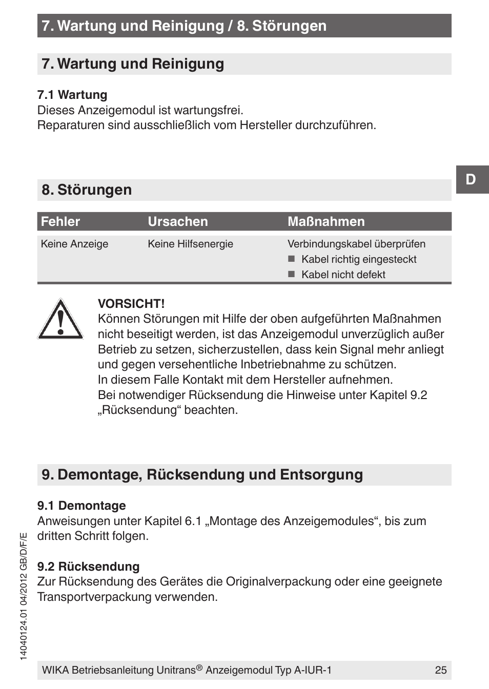 Störungen, Demontage, rücksendung und entsorgung | WIKA UT-11 User Manual | Page 25 / 52