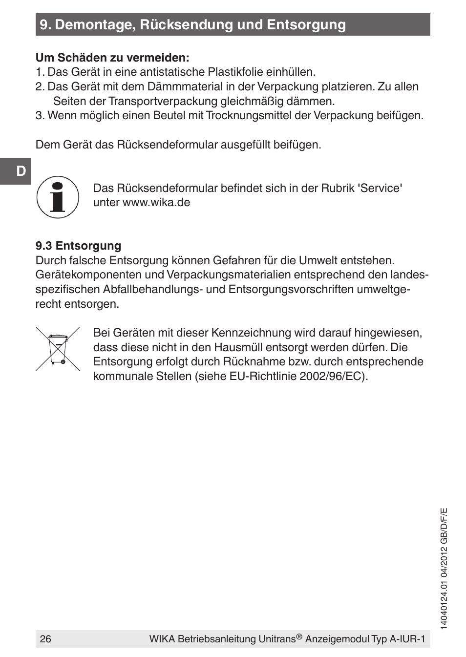 Demontage, rücksendung und entsorgung | WIKA UT-11 User Manual | Page 26 / 52