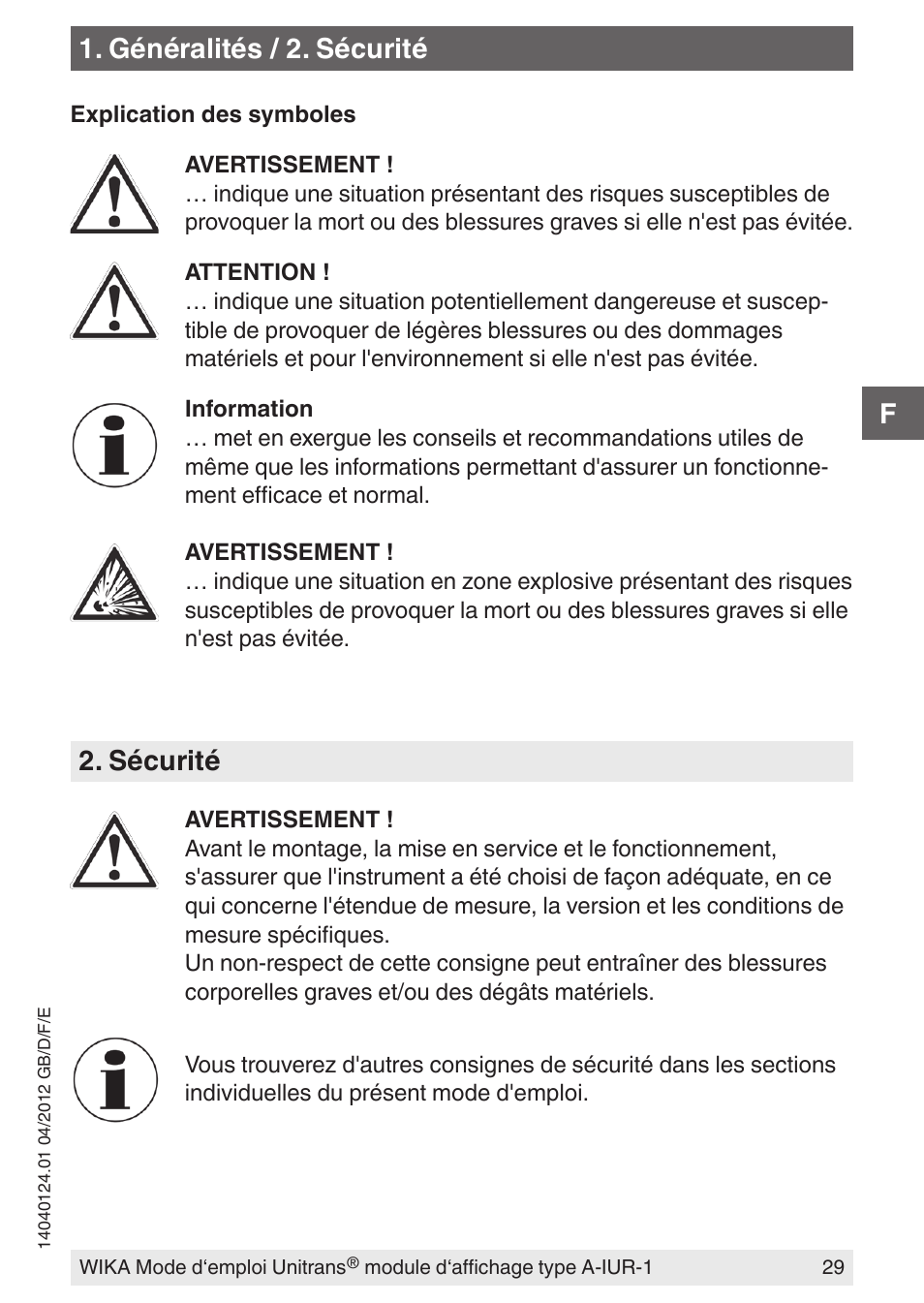 Généralités / 2. sécurité, Sécurité | WIKA UT-11 User Manual | Page 29 / 52