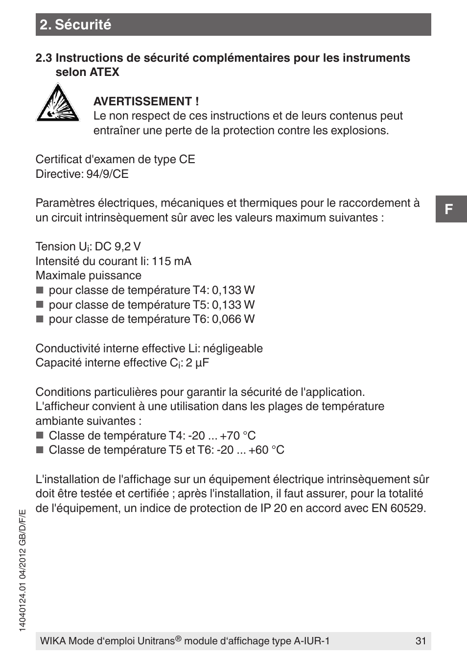 Sécurité | WIKA UT-11 User Manual | Page 31 / 52
