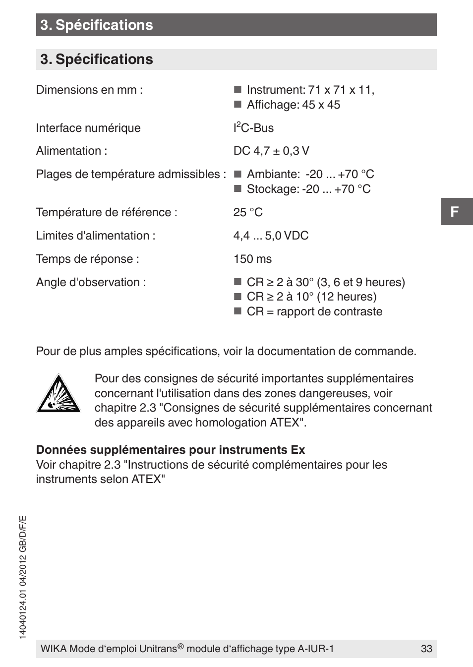 Spécifications | WIKA UT-11 User Manual | Page 33 / 52