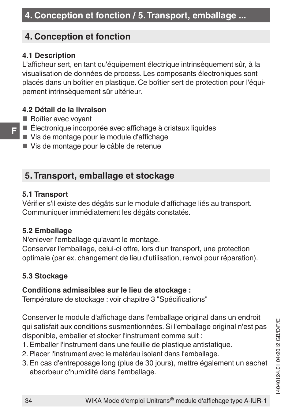 Conception et fonction, Transport, emballage et stockage, Conception et fonction / 5. transport, emballage | WIKA UT-11 User Manual | Page 34 / 52